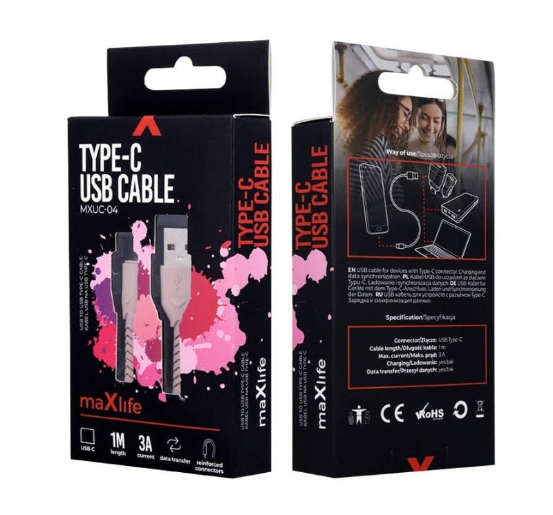 Kabel MaxLife USB Typ C Fast Charging - 1m - 3A - różowy