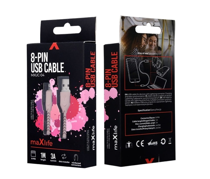 Kabel MaxLife Lightning do iPhone - 1m - 3A - różowy