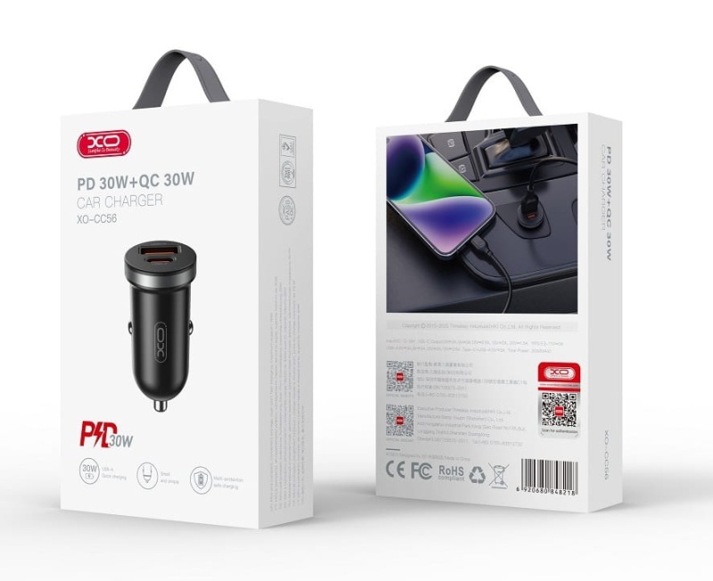 Ładowarka samochodowa XO CC56 - 30W Power Deliver - 2x USB - Czarna