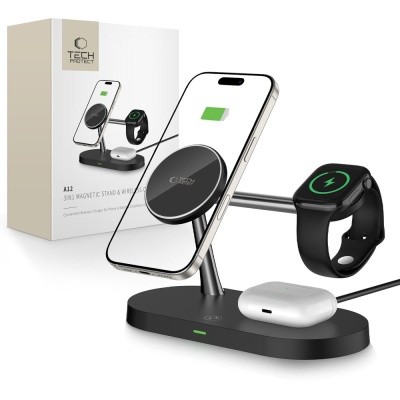 Ładowarka bezprzewodowa TECH-PROTECT A12 MagSafe 3in1  - Czarna