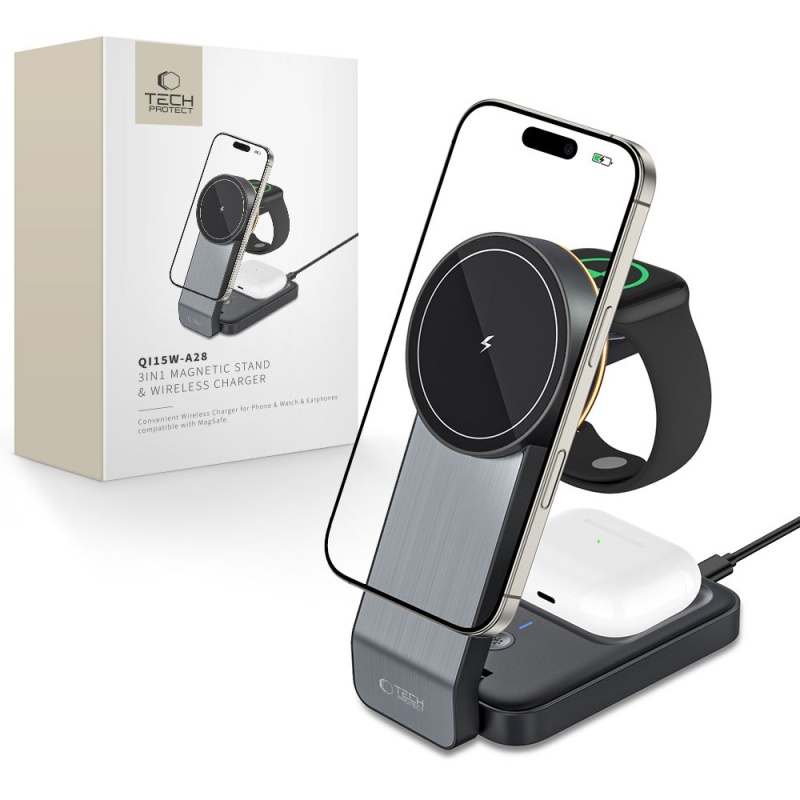 Ładowarka bezprzewodowa TECH-PROTECT QI 15W-A28 3in1 - Czarna