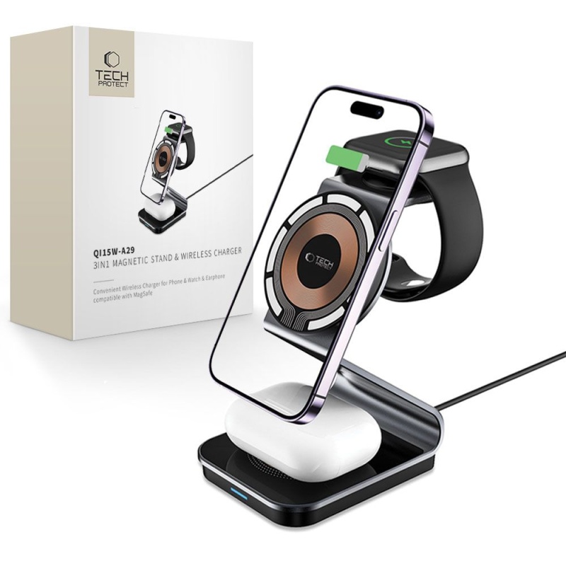 Ładowarka bezprzewodowa TECH-PROTECT QI 15W-A29 3in1 - Czarna
