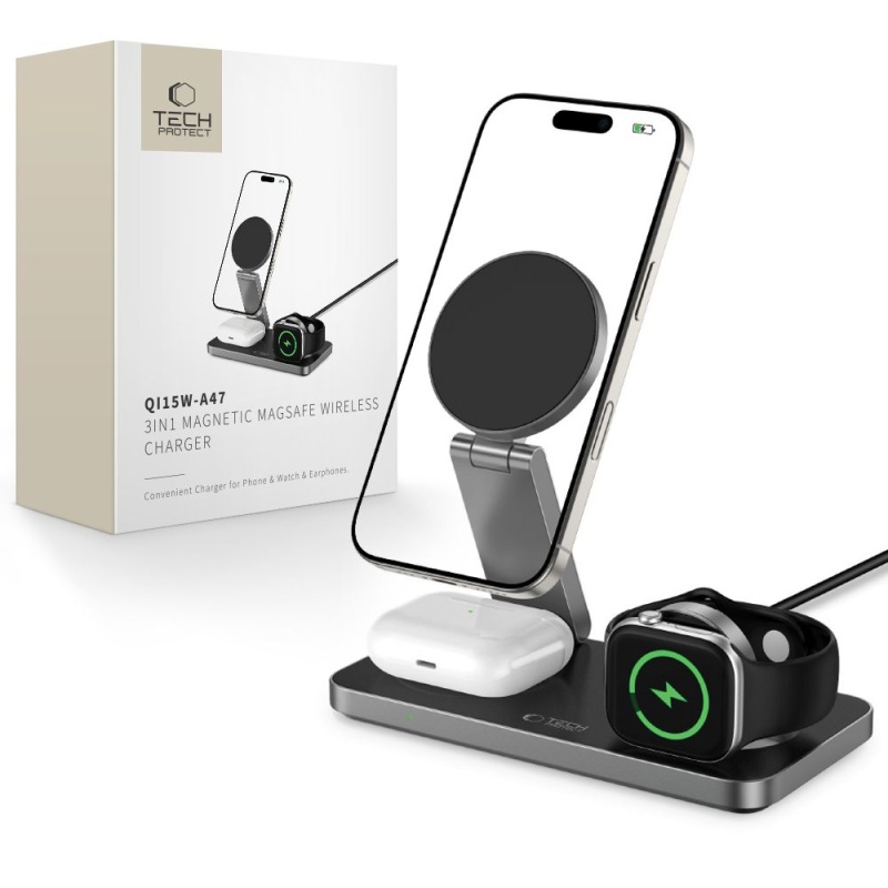 Ładowarka bezprzewodowa TECH-PROTECT MagSafe 3in1 QI 15W-A47 - Czarny