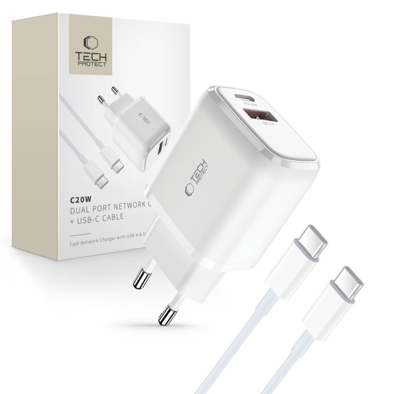 Ładowarka TECH-PROTECT C20W 2x USB PD 20W / QC3.0 + kabel USB C