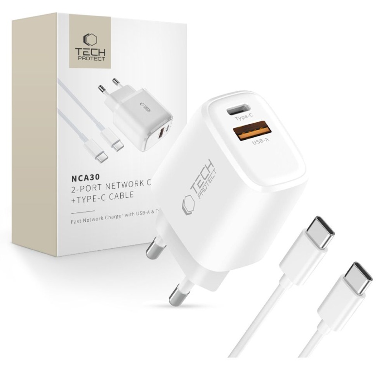 Ładowarka TECH-PROTECT NCA30 2x USB PD 20W / QC3.0 + kabel USB C
