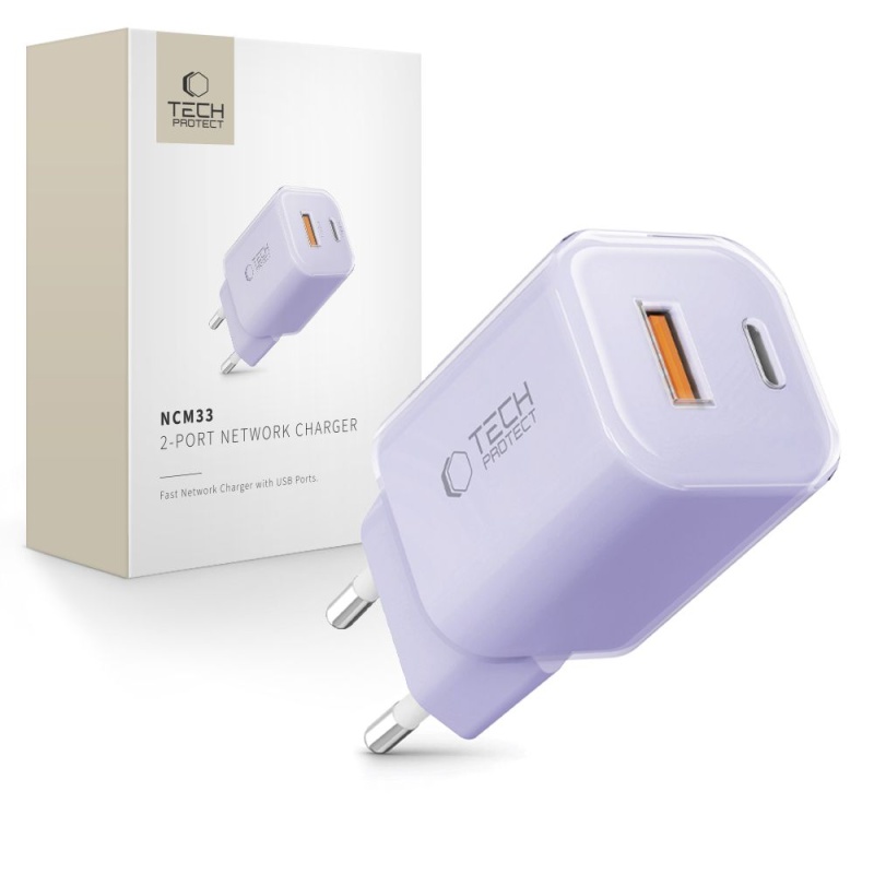 Ładowarka TECH-PROTECT NCM33 2x USB PD 33W / QC3.0 - Fioletowa