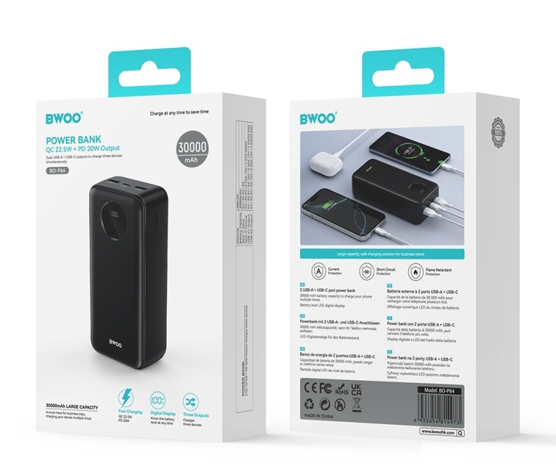 Powerbank BWOO P64 - 22,5W PD 30000 mAh LCD - Czarny