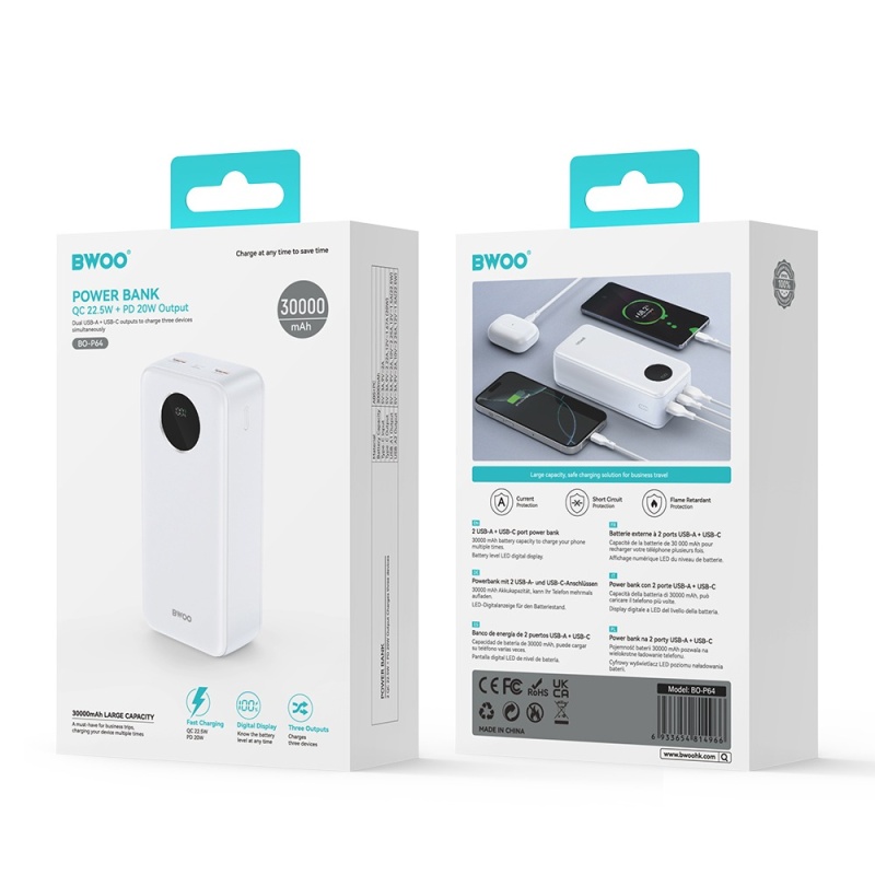 Powerbank BWOO P64 - 22,5W PD 30000 mAh LCD - Biały