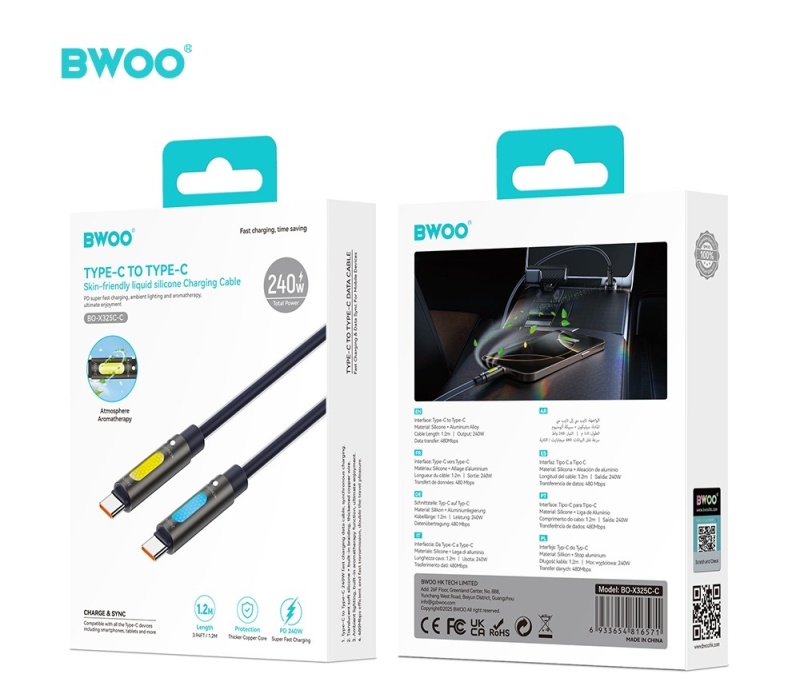 Kabel USB - C BWOO X325C-C 240W - zapachowy - RBG LCD - PD - Czarny