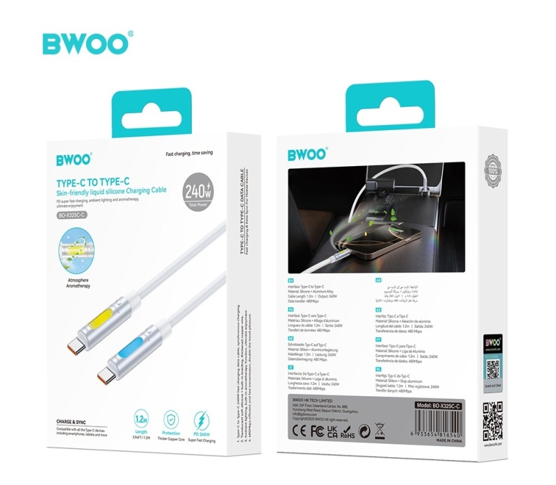 Kabel USB - C BWOO X325C-C 240W - zapachowy - RBG LCD - PD - Biały