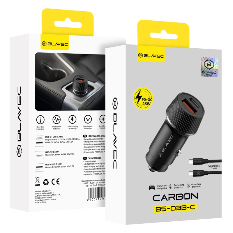 Ładowarka samochodowa Blavec BS-03B-C - QC 3.0 48W z kablem USB C
