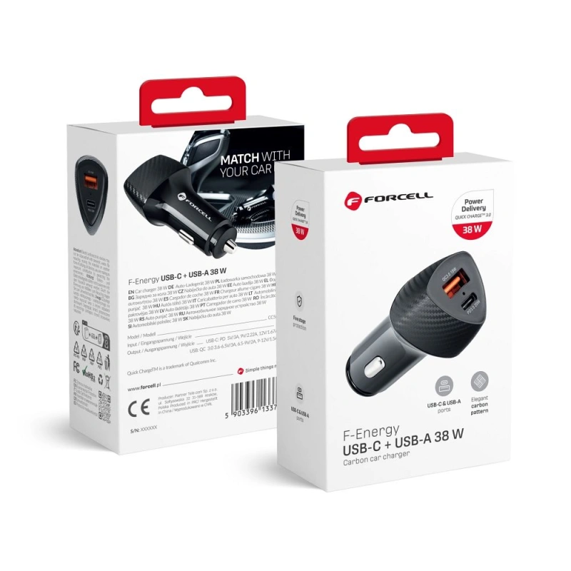 Ładowarka samochodowa Forcell Carbon 2x USB 38W / QC3.0