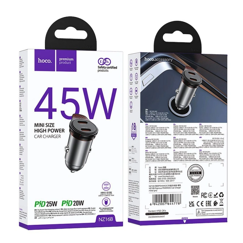 Ładowarka samochodowa Hoco NZ16B 2x USB C QC PD 45W