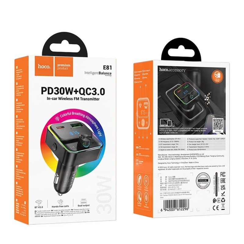 Ładowarka + Transmiter Bluetooth HOCO E81 2x USB PD 30W