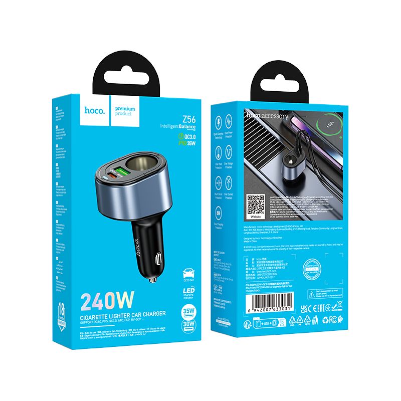 Ładowarka samochodowa Hoco Z56 2x USB + gniazdo zapalniczki PD QC3.0 3A 35W