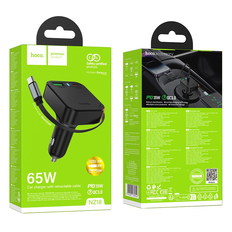 Ładowarka samochodowa Hoco NZ18 ze zwijanym kablem 3x USB QC PD 65W