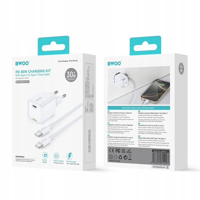 Ładowarka sieciowa BWOO GaN typ C PD 30W QC + Kabel USB - C